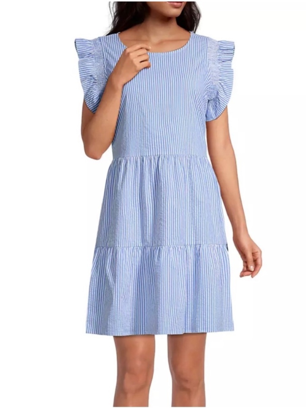 Vineyard Vines performance harbor ruffle dress blue seersucker womens XS - Picture 2 of 10